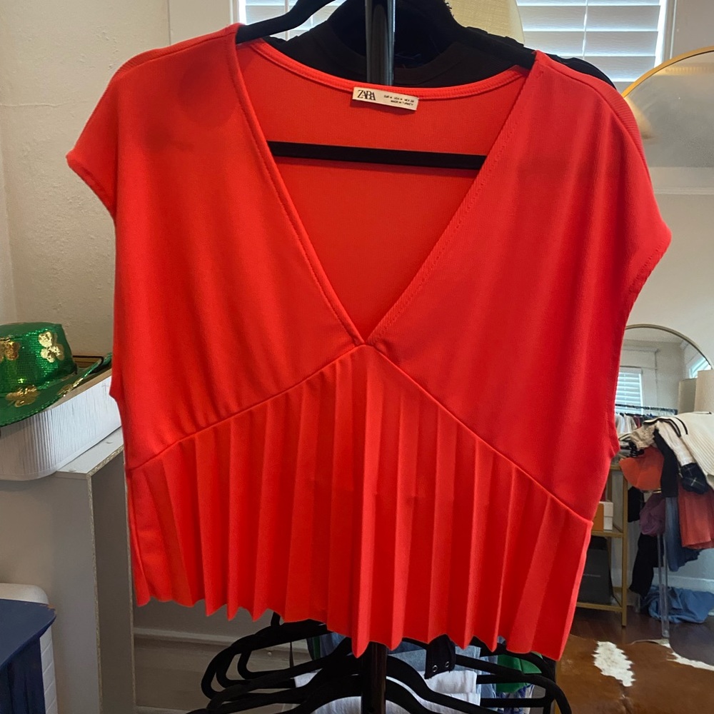 coral zara pleated v-neck top